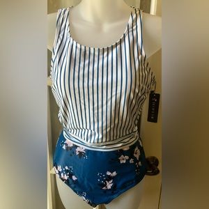 Women’s one piece floral and striped swimsuit in size medium